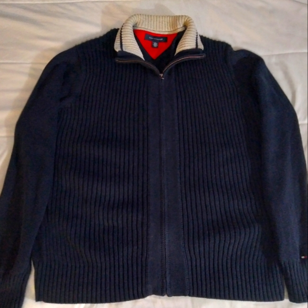 Mens Tommy Hilfiger Navy Blue Ribbed Full Zip Sweater Size XL